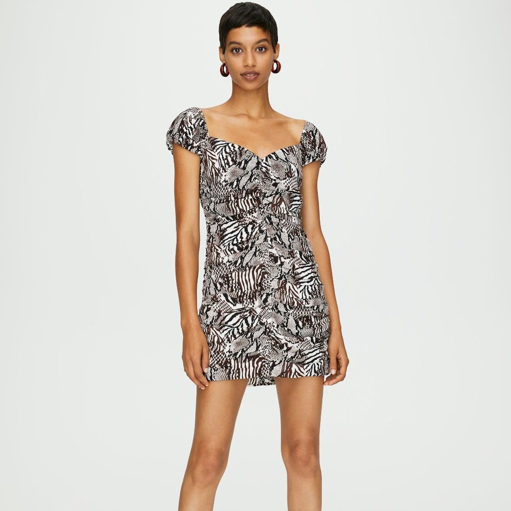 Aritzia Wilfred Veda Ruched Mini Dress Sz 2 Puff Sleeve NWT XS